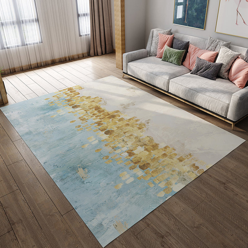 Stylish Oil Painting Rug with Tree Pattern Blue and Gold Casual Rug Flannel Pet Friendly Washable Area Rug for Living Room