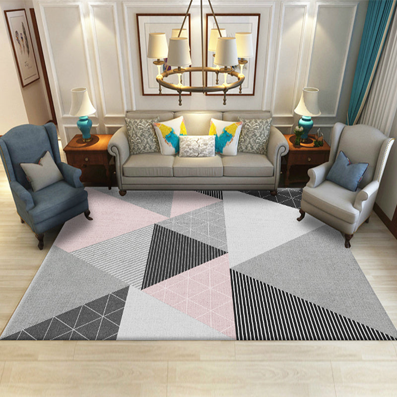 Modern Geometric Pattern Rug with Stripe Printed Multicolor Polyester Rug Washable Non-Slip Pet Friendly Carpet for Living Room