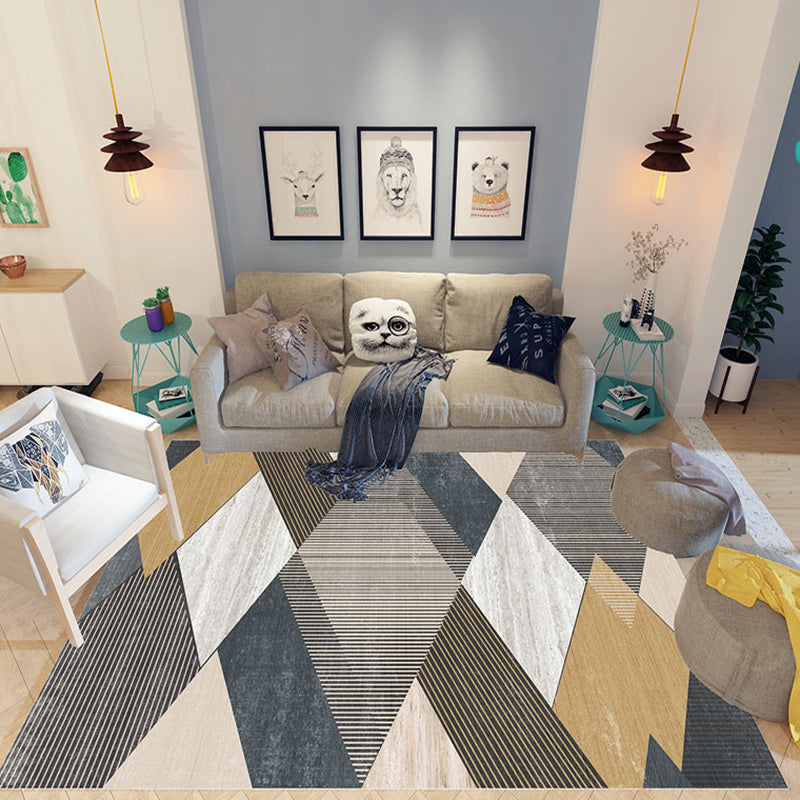 Unique Multicolor Striped Pattern Rug with Geometric Printed Polyester Modernist Rug Pet Friendly Anti-Slip Backing Area Rug for Bedroom
