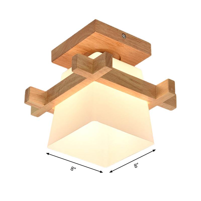 Opal Glass Trapezoid Pendant Light with Wood Deco 1 Head Japanese Style Ceiling Lamp in White for Bedroom