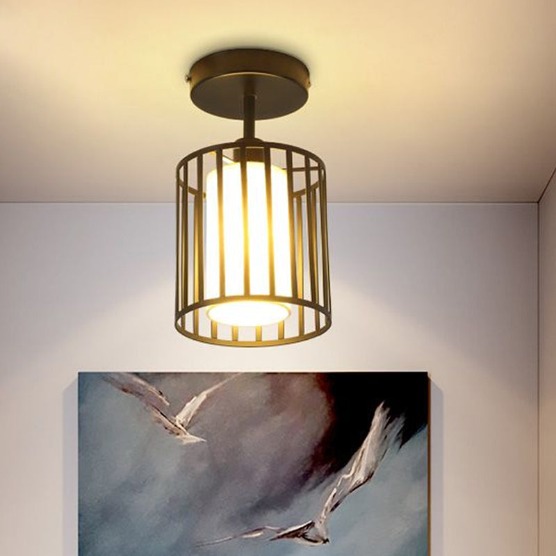 Lámpara de montaje empotrado de techo con pantalla cónica/cilíndrica y jaula de metal, lámpara semiempotrada simple de 1 bombilla en acabado negro