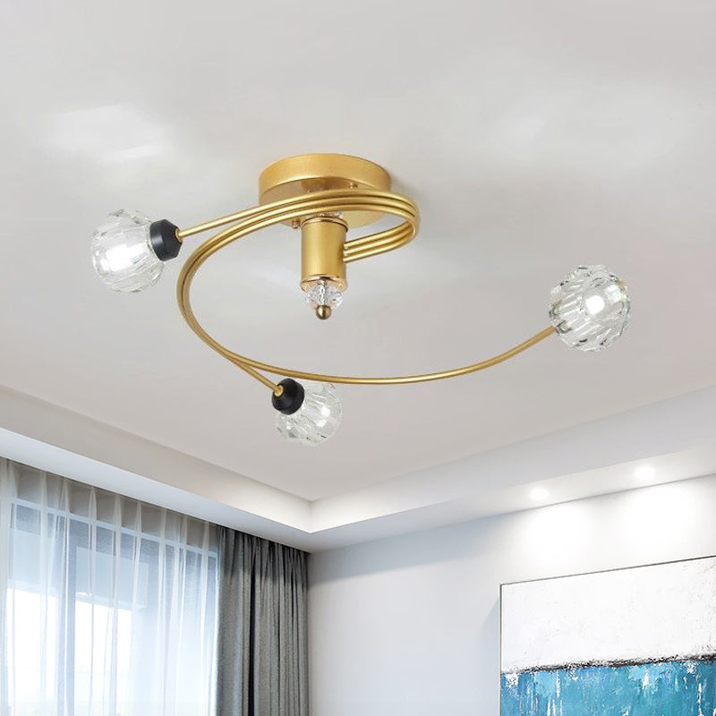 Gold Spiral Semi Flush Lighting Nordic 3/5 Lichter Deckeneinbau mit Orb Klar/Milch/Weiß Glasschirm