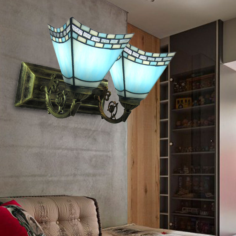 Nautical Pyramid Wall Lighting Stained Glass 2 Lights Vanity Light in Light/Dark Blue for Bathroom