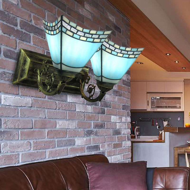 Nautical Pyramid Wall Lighting Stained Glass 2 Lights Vanity Light in Light/Dark Blue for Bathroom