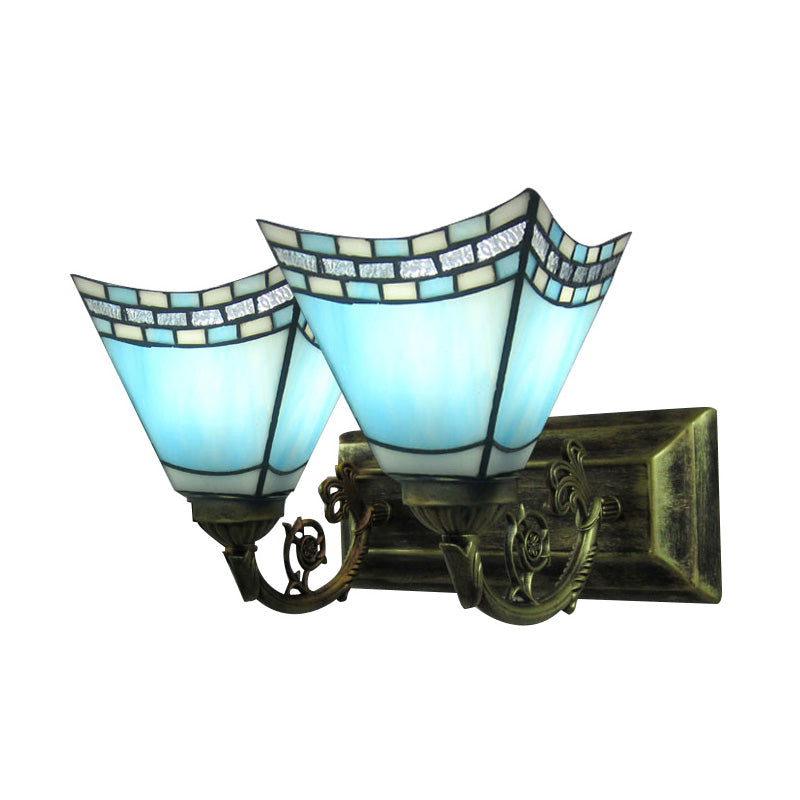 Nautical Pyramid Wall Lighting Stained Glass 2 Lights Vanity Light in Light/Dark Blue for Bathroom