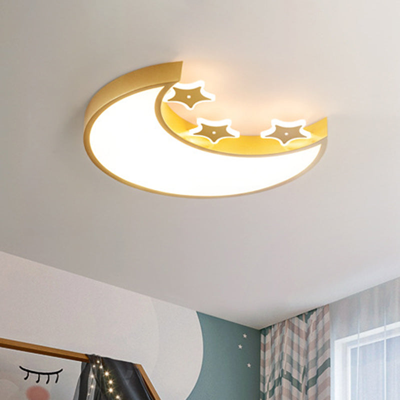 Kids LED Flush Mount Light Fixture White/Yellow Crescent and Star Ceiling Lamp with Acrylic Shade