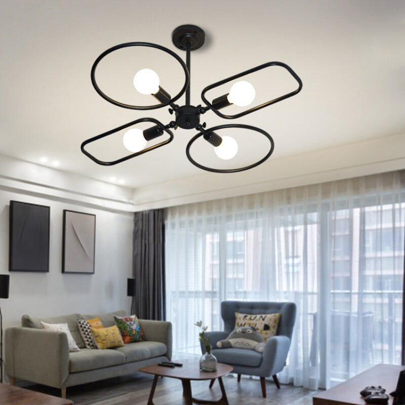 Simple Ring and Rectangle Ceiling Lamp Metal 4 Lights Black Ceiling Mount Light for Living Room