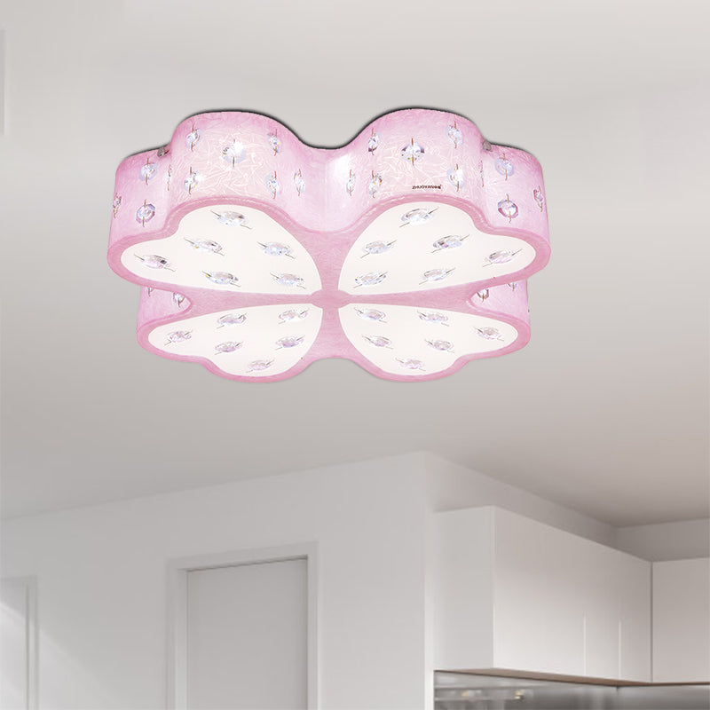 Flower Close to Ceiling Lighting Kids Acrylic LED Pink Flush Mount Light with Crystal Deco