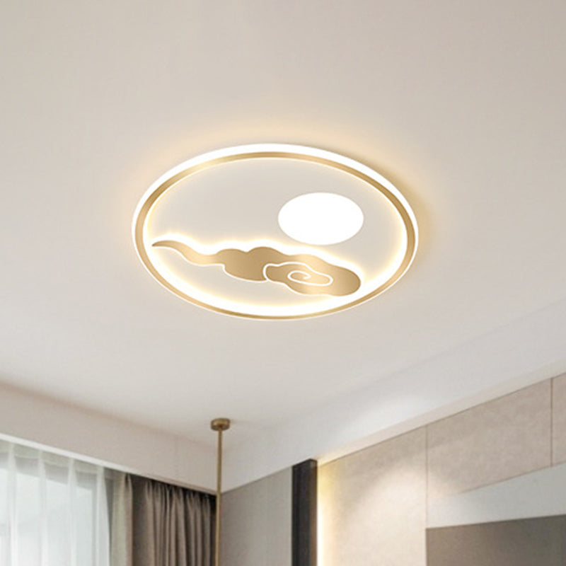 Simple Circle Flush Mount Acrylic LED Bedroom Ceiling Lighting with Moon and Cloud Design in Gold, Warm/White Light