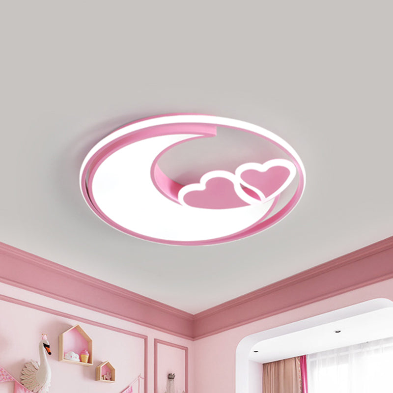 LED Playroom Ceiling Fixture Nordic Black/Pink Flush Lamp with Crescent and Heart Acrylic Shade