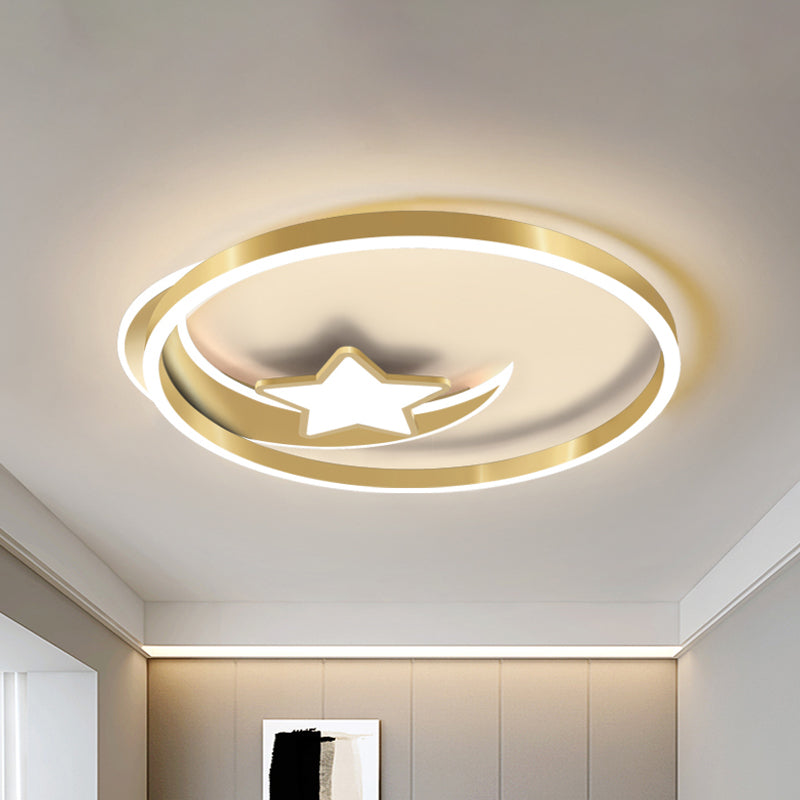Nordic LED Flush Mount Fixture Gold Crescent and Star Ceiling Light with Acrylic Shade