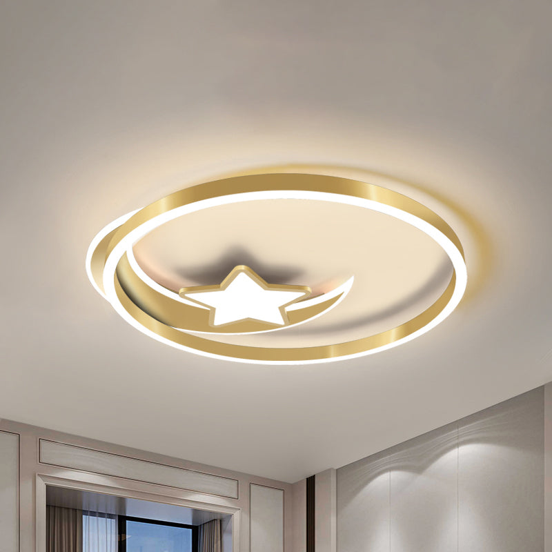 Nordic LED Flush Mount Fixture Gold Crescent and Star Ceiling Light with Acrylic Shade