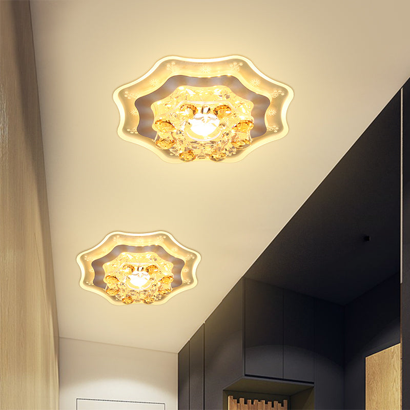 LED Hallway Flush Mount Light Modernism Chrome Ceiling Flush with Bloom Faceted Crystal Shade