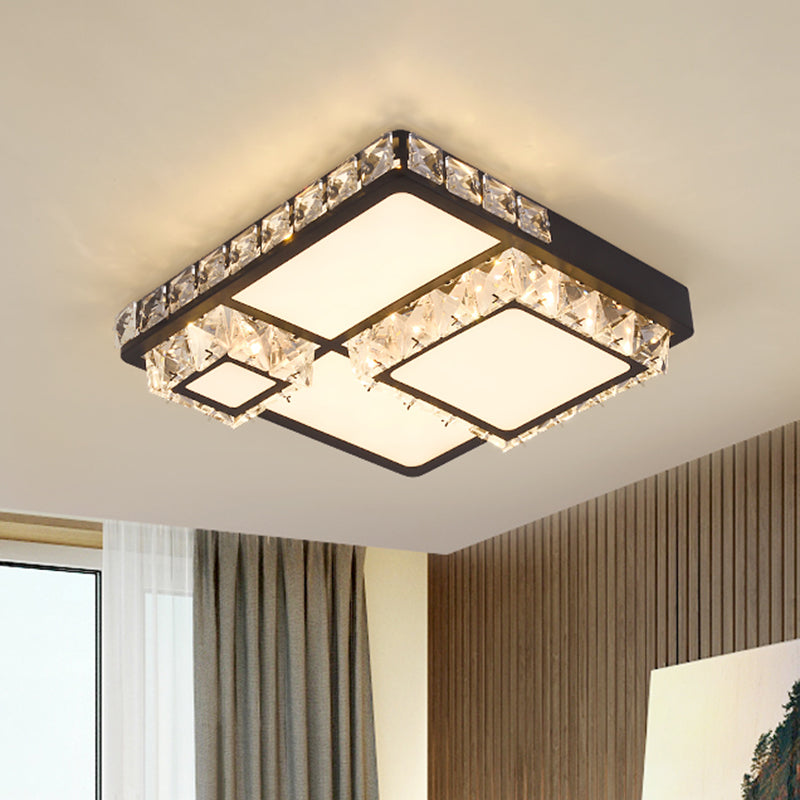 Simple LED Close to Ceiling Lamp Black Round/Square Flush Mount Light with Crystal Block Shade