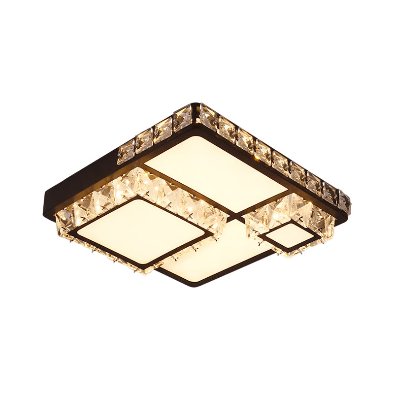 Simple LED Close to Ceiling Lamp Black Round/Square Flush Mount Light with Crystal Block Shade