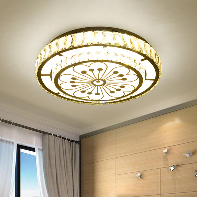 Chrome LED Round Flush Light Modernist Faceted Crystal Ceiling Mounted Fixture with Flower Pattern