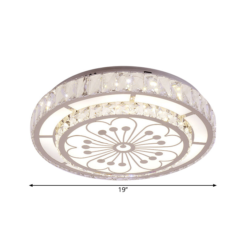 Chrome LED Round Flush Light Modernist Faceted Crystal Ceiling Mounted Fixture with Flower Pattern