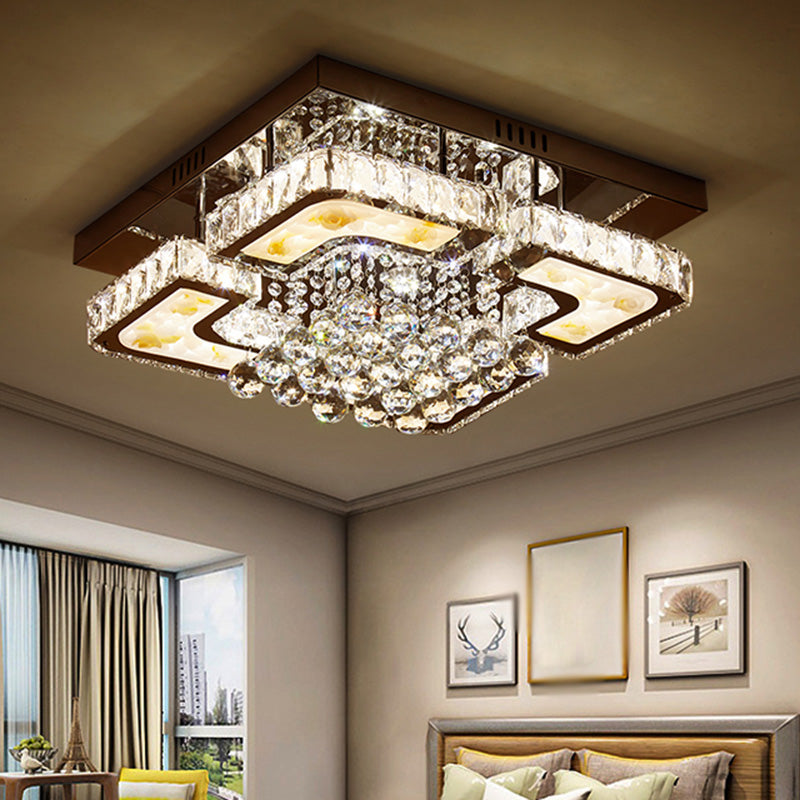 Crystal Block and Orbs Square Semi Flush Contemporary LED Chrome Ceiling Fixture with Lotus Design