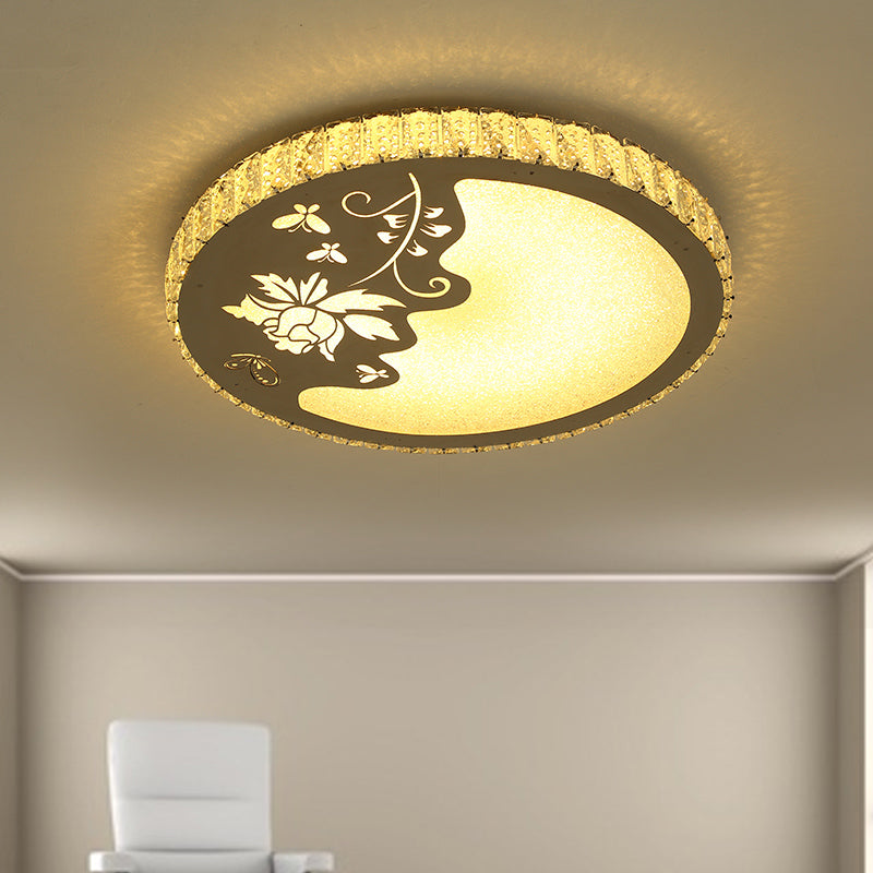 Hand-Cut Crystal Circular Ceiling Lamp Modernist LED Flush Mount Light with Butterfly and Flower Design in Chrome