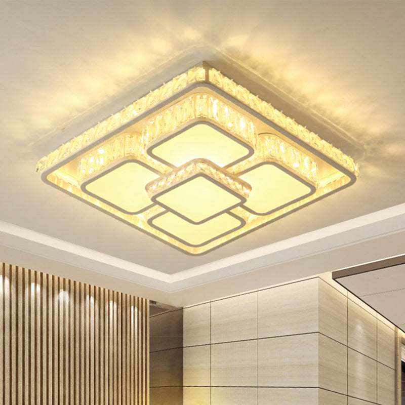 LED Parlor Flush Light Fixture Modern Chrome Ceiling Flush Mount with Square Crystal Shade