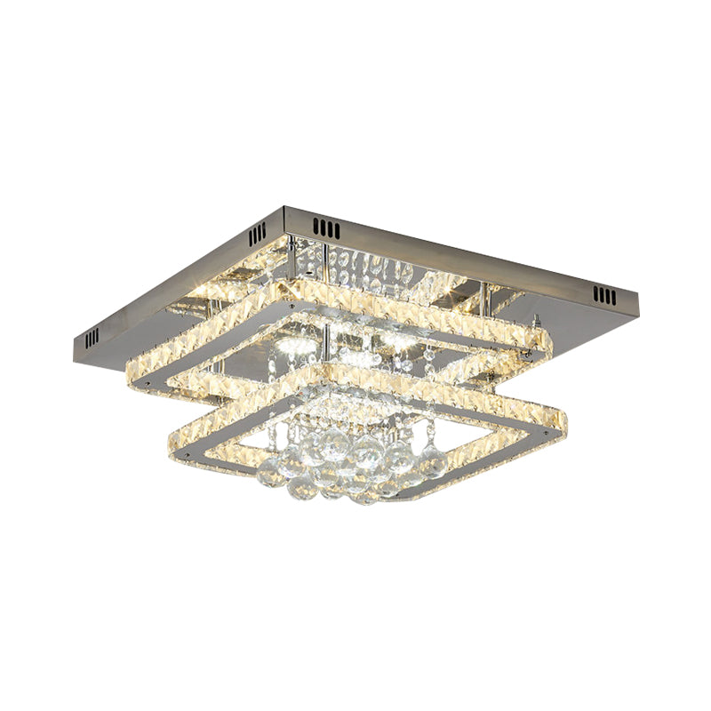 2-Tier Square Bedroom Ceiling Lamp Crystal Block LED Contemporary Semi Flush Light in Chrome