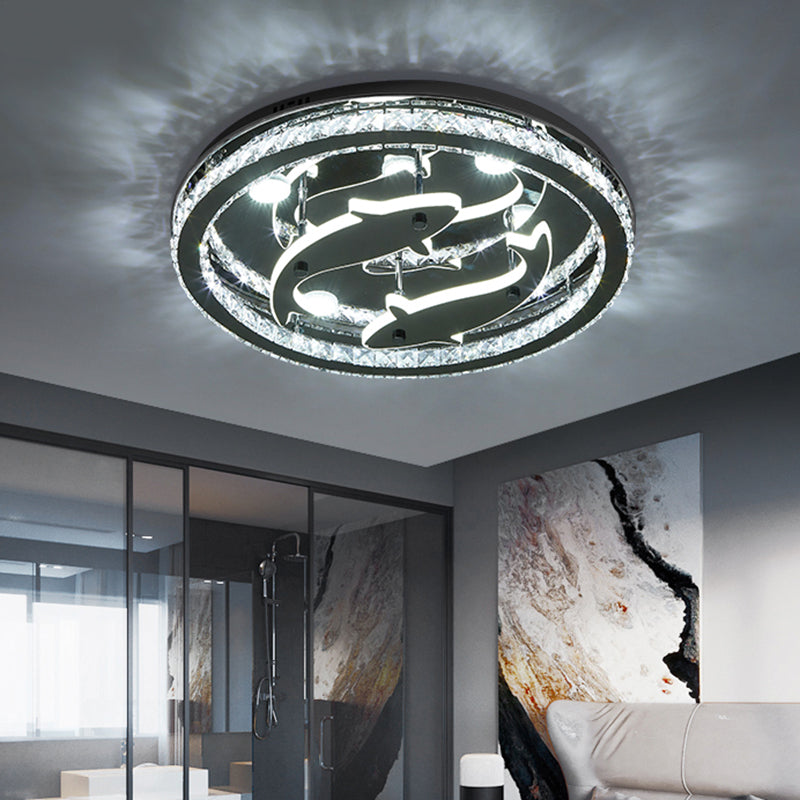 Contemporary Circle Flushmount Crystal Block Sleeping Room LED Ceiling Mounted Light with Fish Design in Chrome
