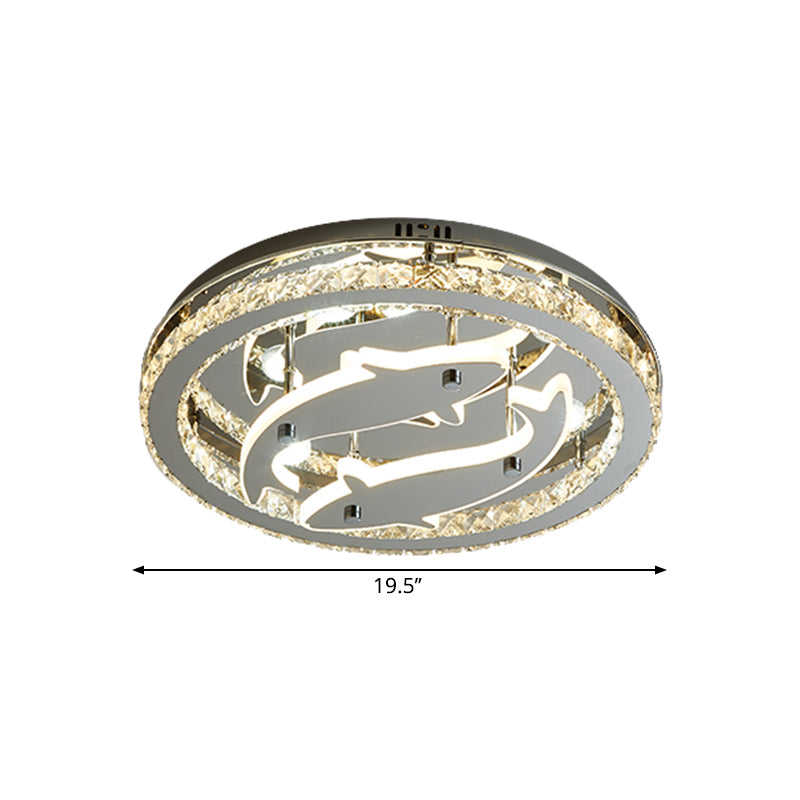 Contemporary Circle Flushmount Crystal Block Sleeping Room LED Ceiling Mounted Light with Fish Design in Chrome