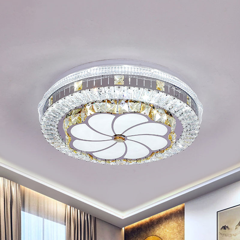 Faceted Crystal Round Flush Light Modernism LED Chrome Ceiling Mounted Fixture with Lotus Pattern