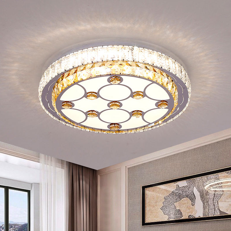 LED Bedroom Ceiling Mount Light Simple Chrome Flush Lamp with Circular Beveled Crystal Shade