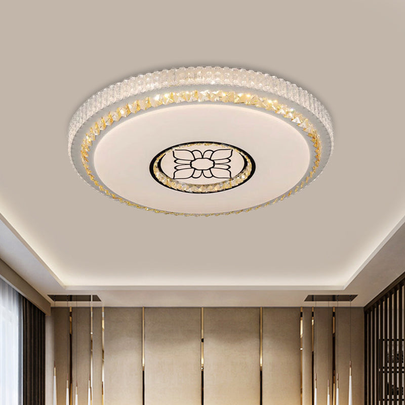 Circular Parlor Flush Light Cut Crystal LED Modernist Ceiling Flush Mount with Flower Pattern in White