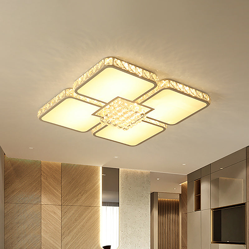 Chrome LED Square Flush Mount Lighting Contemporary Crystal Block Ceiling Lamp in Warm/White Light