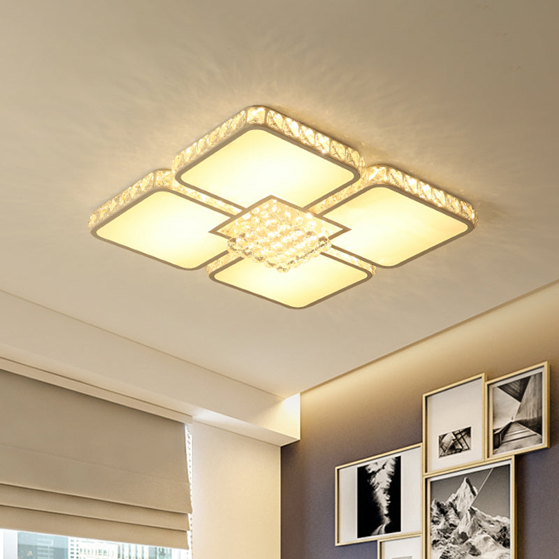 Chrome LED Square Flush Mount Lighting Contemporary Crystal Block Ceiling Lamp in Warm/White Light
