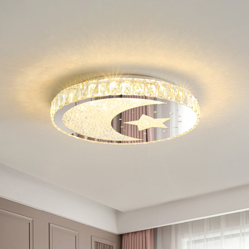 Stainless-Steel LED Round Flushmount Contemporary Cut Crystal Ceiling Mounted Light with Moon and Star Design