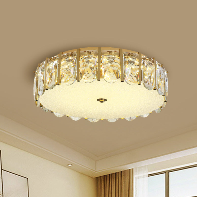 Drum Ceiling Mounted Light Modern Clear Crystal LED Bedroom Flush Lamp in Stainless-Steel