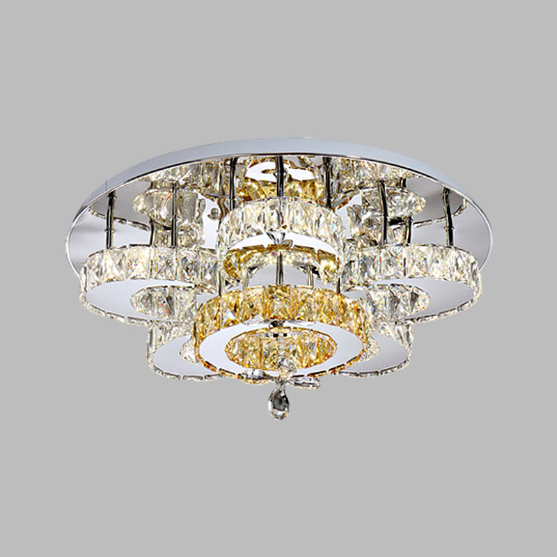 LED Bedroom Semi Mount Lighting Minimalism Chrome Ceiling Fixture with Floral Crystal Block Shade