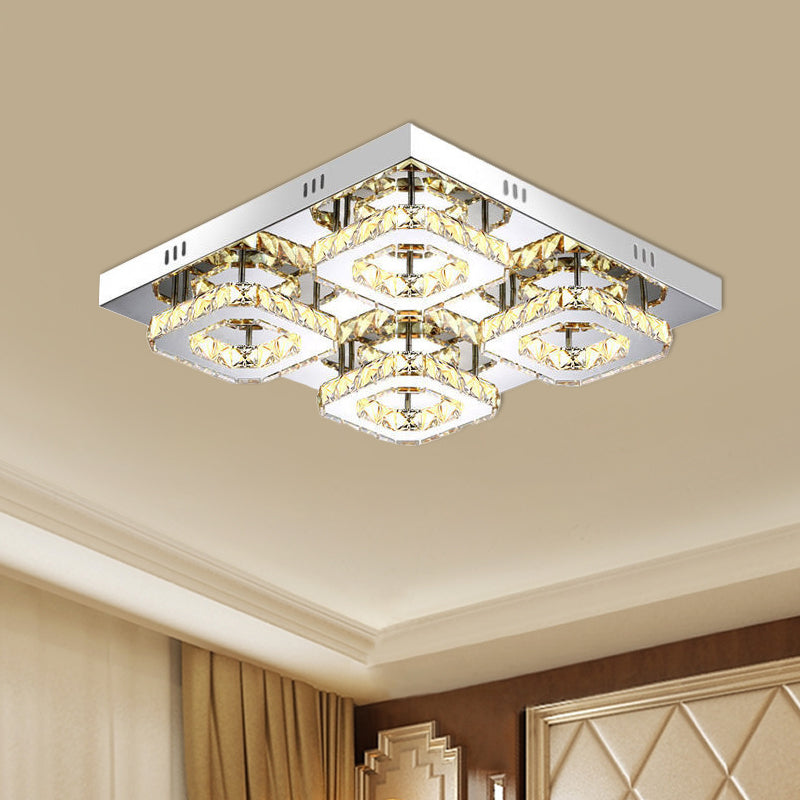 Modernism Squared Semi Flush Light Faceted Crystal LED Restaurant Ceiling Mounted Fixture in Chrome