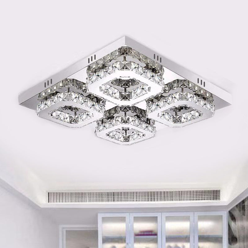 Modernism Squared Semi Flush Light Faceted Crystal LED Restaurant Ceiling Mounted Fixture in Chrome