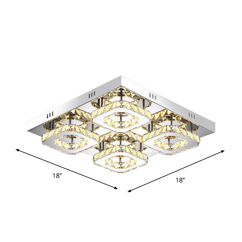 Modernism Squared Semi Flush Light Faceted Crystal LED Restaurant Ceiling Mounted Fixture in Chrome