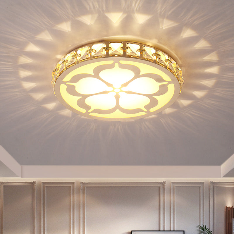 Round Flush Mount Lamp Modernity Faceted Crystal White/Gold LED Ceiling Light Fixture with Flower Pattern