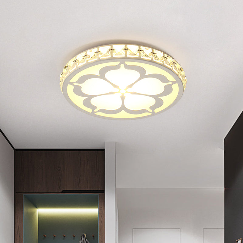 Round Flush Mount Lamp Modernity Faceted Crystal White/Gold LED Ceiling Light Fixture with Flower Pattern