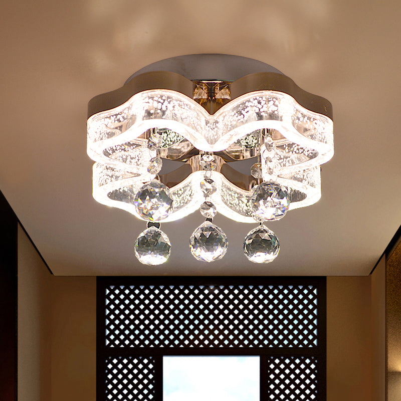 LED Corridor Flush Mount Fixture Modern Style Chrome Ceiling Lighting with Floral Crystal Shade