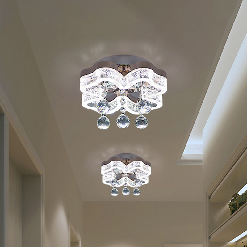 LED Corridor Flush Mount Fixture Modern Style Chrome Ceiling Lighting with Floral Crystal Shade