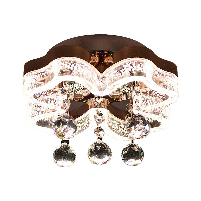 LED Corridor Flush Mount Fixture Modern Style Chrome Ceiling Lighting with Floral Crystal Shade