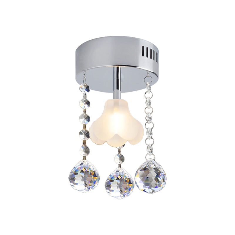 Teardrop Semi Flush einfache klare Kristall 1 Leichter Esszimmer Deckenlampe in Chrom mit Blumenglasschatten