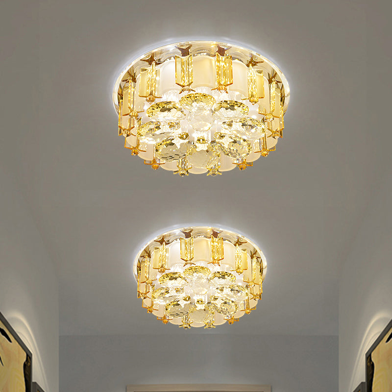 Crystal Block Floral Semi Mount Lighting Modernist LED Ceiling Light Fixture in Chrome, Warm/White Light