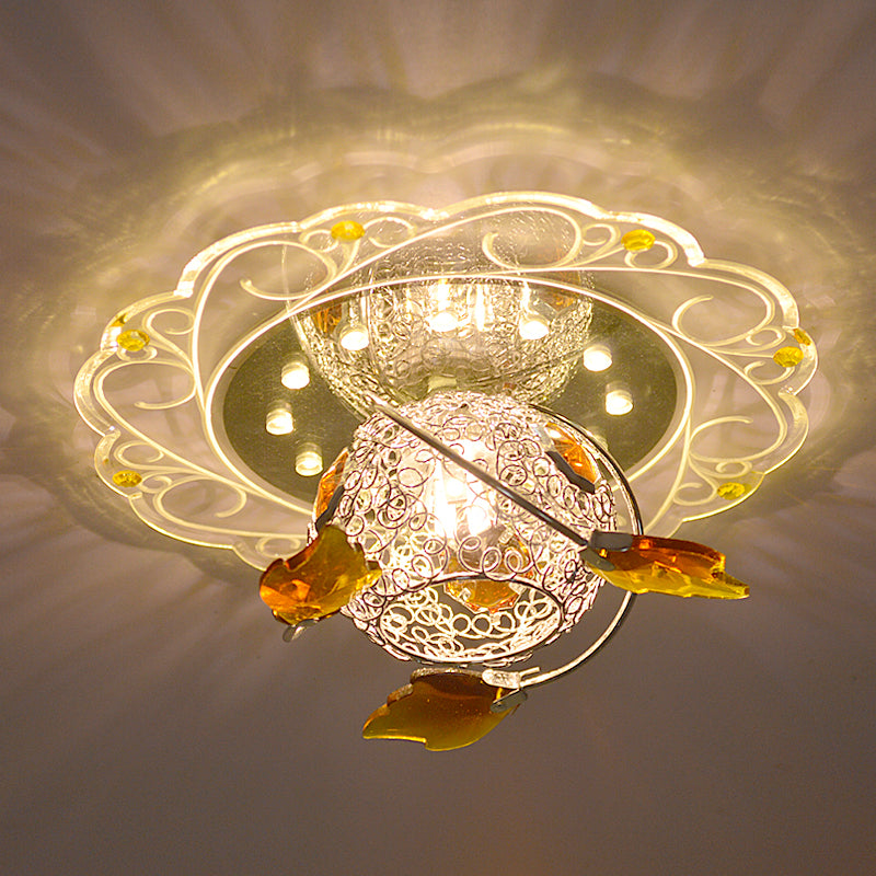 LED Hallway Flush Ceiling Light Simplicity White Scalloped Lighting Fixture with Globe Metal Shade