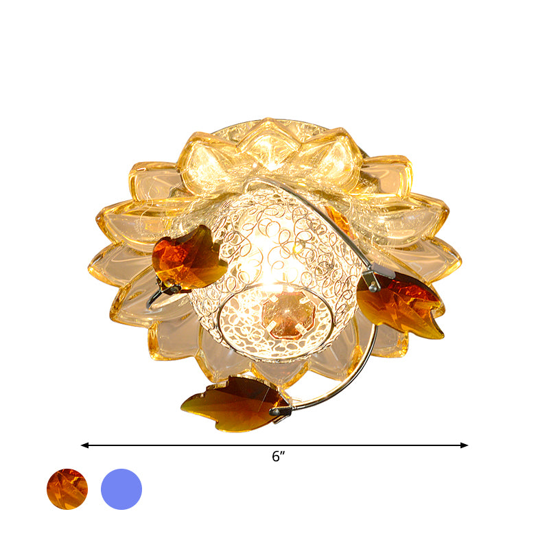 Globe Flush Mount Fixture Modern Metal 1 Bulb Blue/Tan Ceiling Light in Warm/White Light with Crystal Maple Leaf Deco