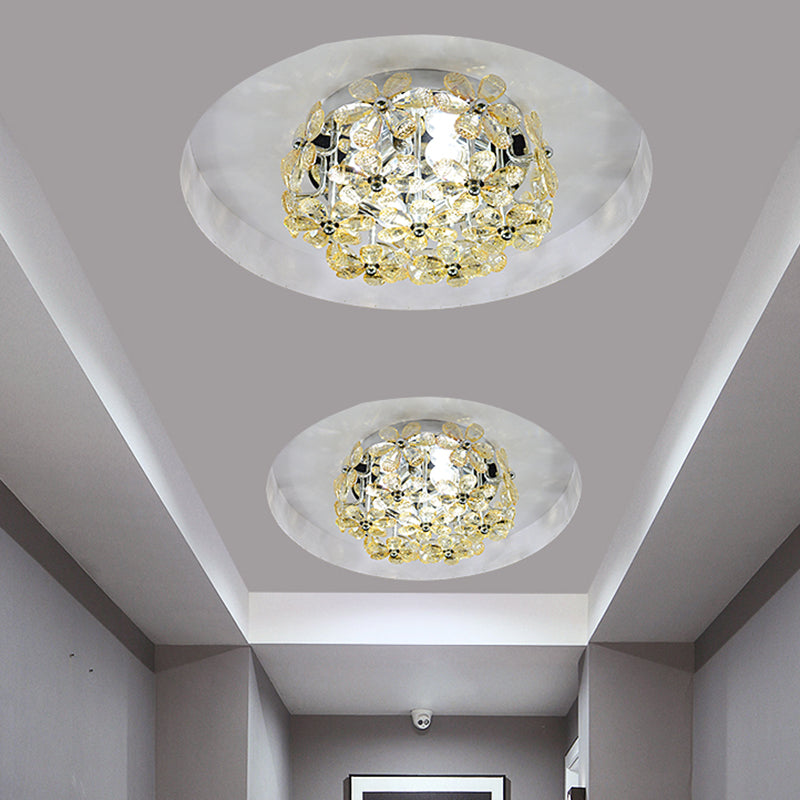Chrome Blossom Flush Mount Lighting Modernist 4 Bulbs Clear/Amber Crystal Close to Ceiling Light with Round Design