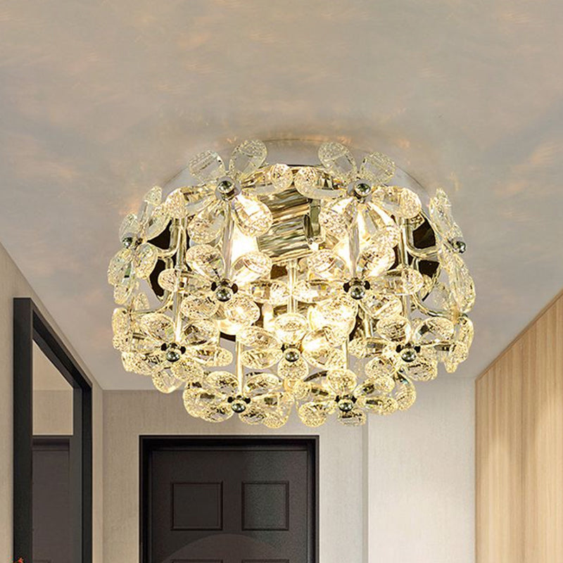 Chrome Blossom Flush Mount Lighting Modernist 4 Bulbs Clear/Amber Crystal Close to Ceiling Light with Round Design