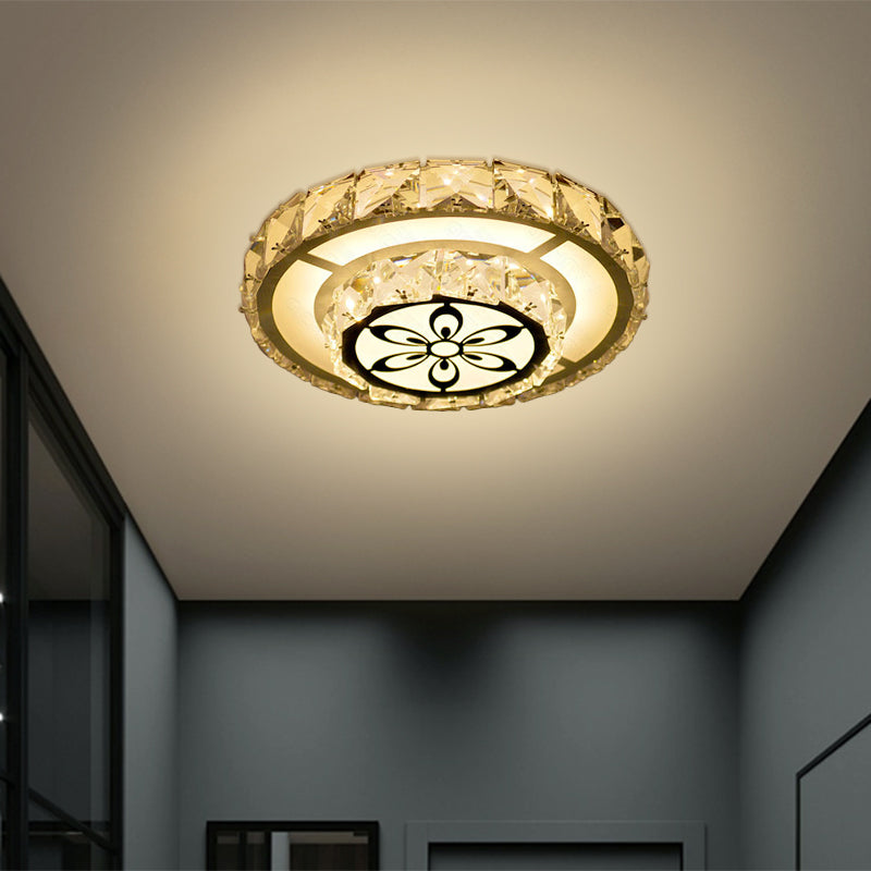 Modernist Round/Square Flush Light Beveled Crystal LED Corridor Ceiling Fixture in White with Flower Pattern, Warm/White Light